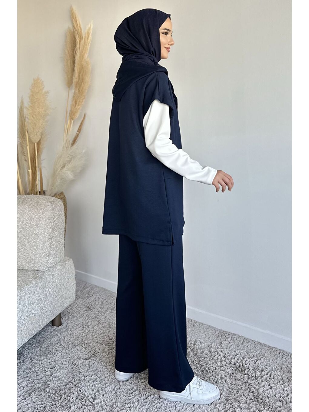 Lacivert Fermuarlı Kapüşonlu Yelek Tunik Pantolon Tesettür Üçlü Takım-6