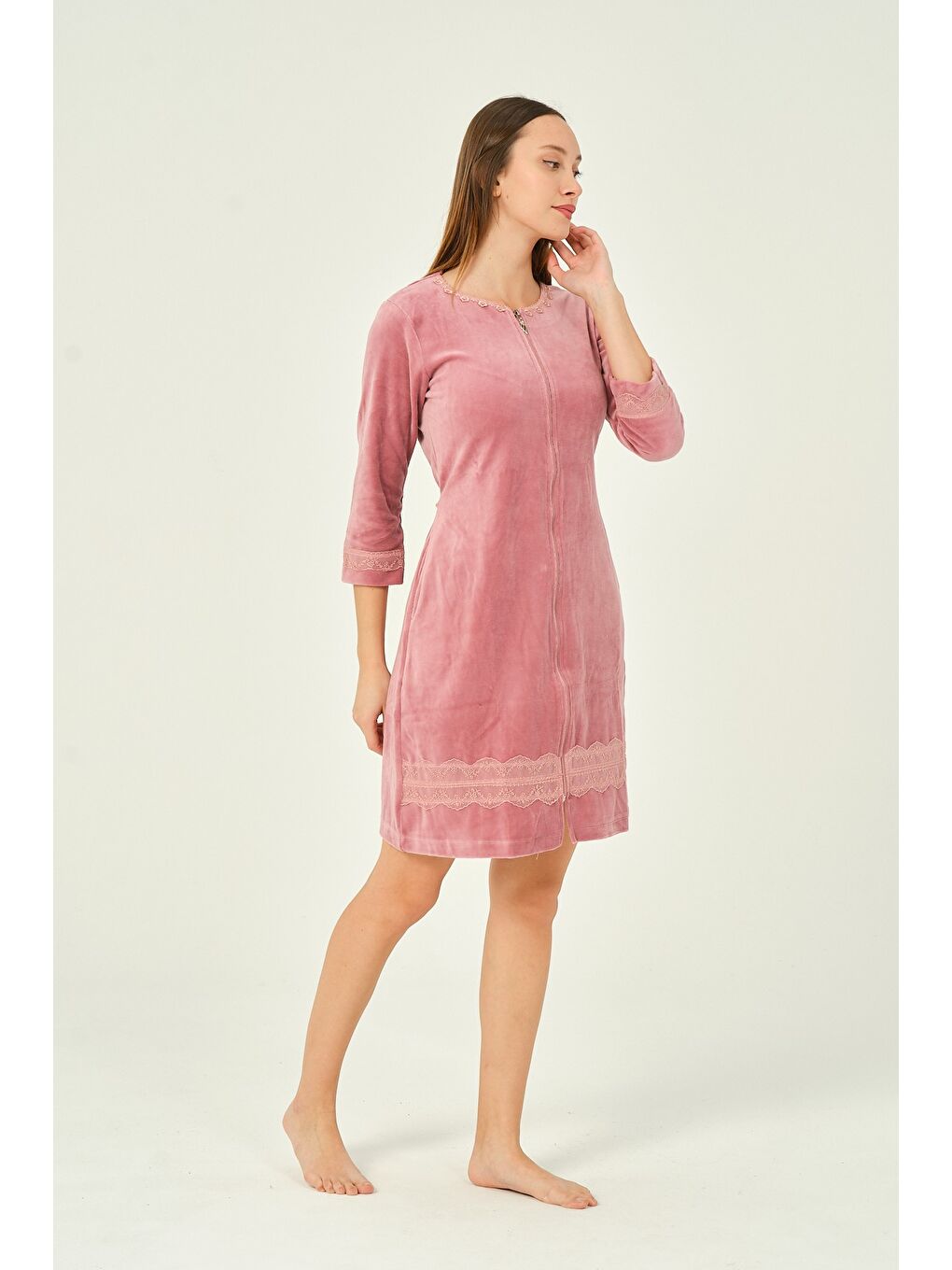 Pembe kadın fermuarlı dantel detaylı 3/4 kol pamuklu kadife elbise-1