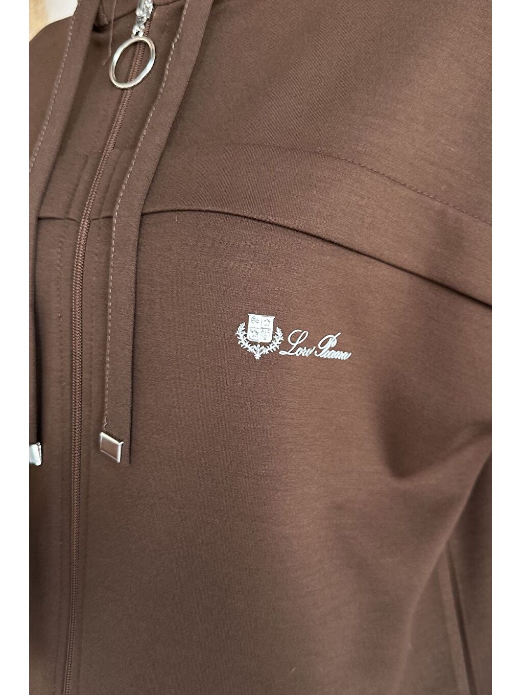 Kahverengi Fermuarlı Kapüşonlu Yelek Tunik Pantolon Tesettür Üçlü Takım-7