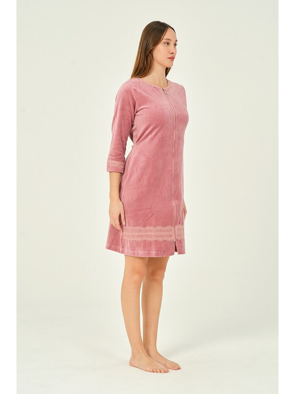 Pembe kadın fermuarlı dantel detaylı 3/4 kol pamuklu kadife elbise-3