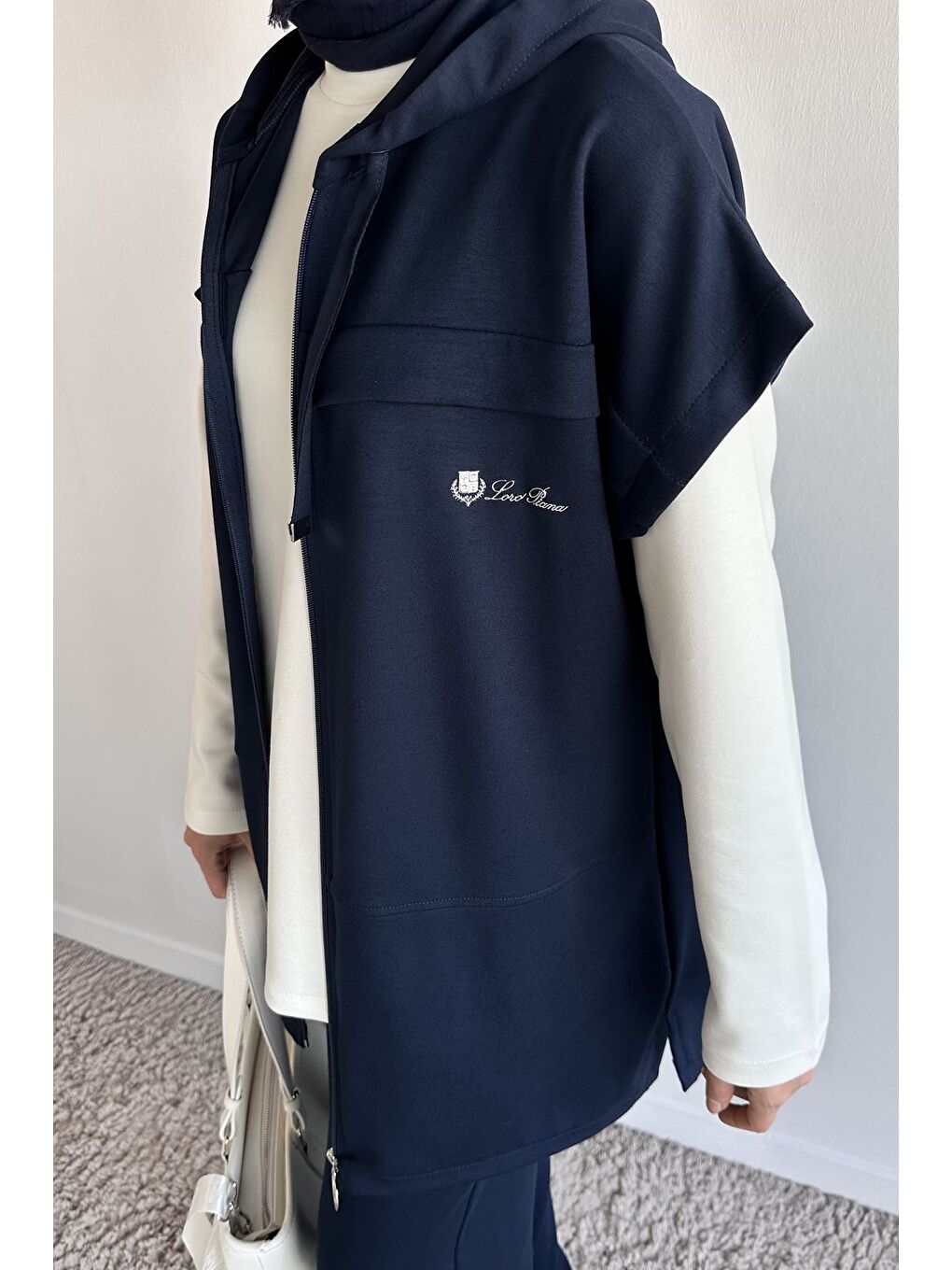 Lacivert Fermuarlı Kapüşonlu Yelek Tunik Pantolon Tesettür Üçlü Takım-9