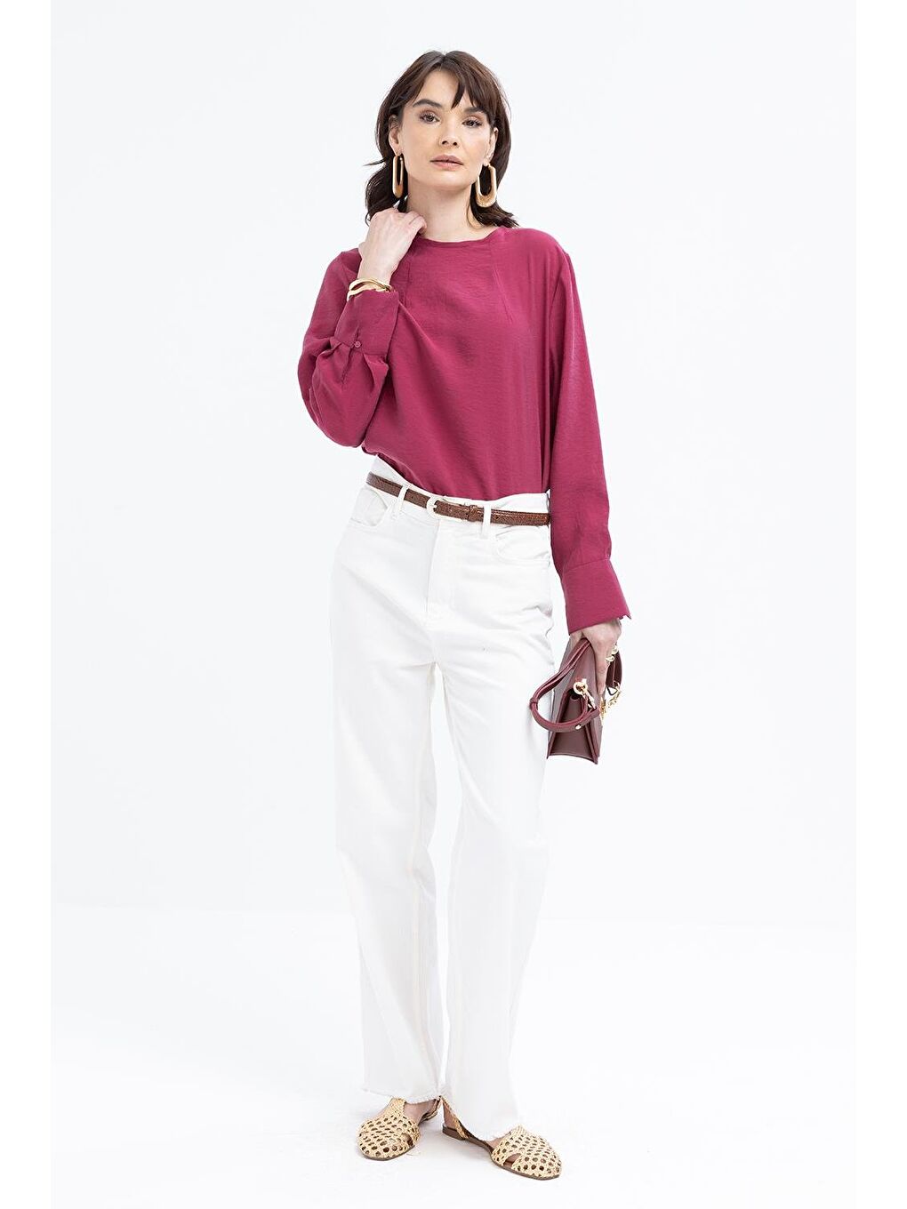 Beyaz-Likralı Geniş Paça Denim Pantolon