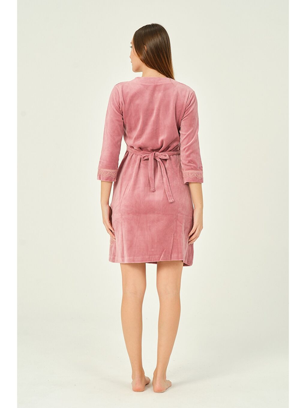 Pembe kadın fermuarlı dantel detaylı 3/4 kol pamuklu kadife elbise-4