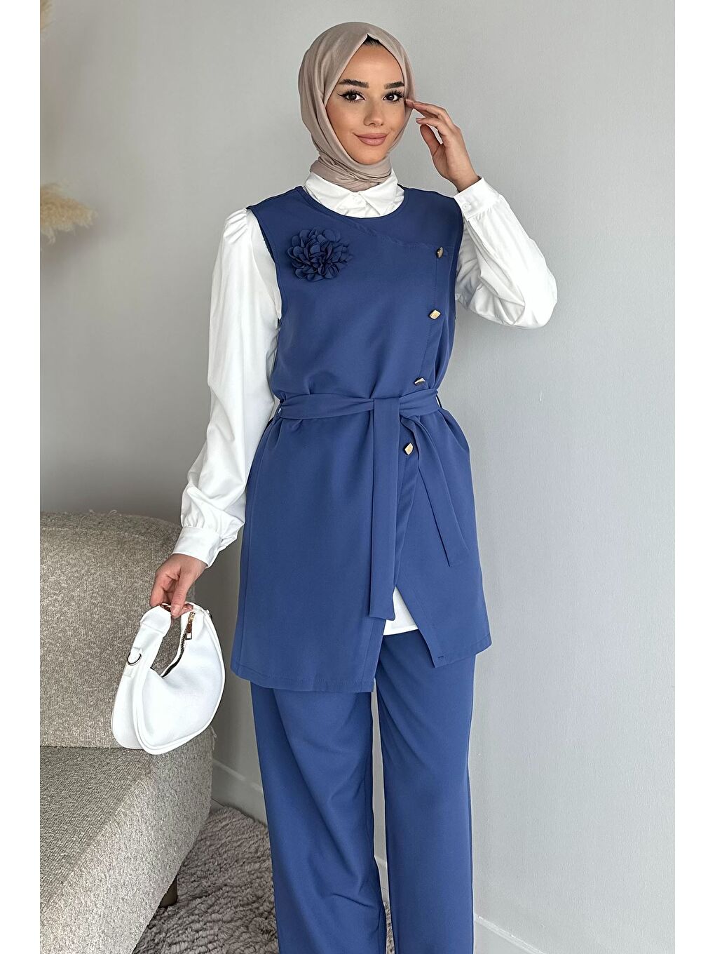 İndigo Aksesuarlı Gömlek Yelek Pantolon Tesettür Üçlü Takım-3
