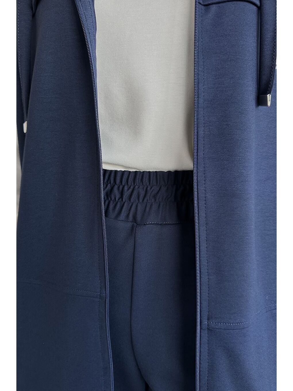 Lacivert Fermuarlı Kapüşonlu Yelek Tunik Pantolon Tesettür Üçlü Takım-11