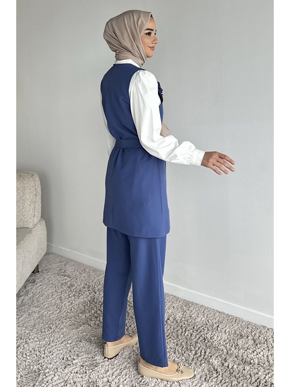 İndigo Aksesuarlı Gömlek Yelek Pantolon Tesettür Üçlü Takım-5