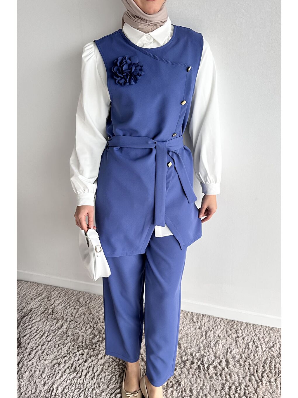 İndigo Aksesuarlı Gömlek Yelek Pantolon Tesettür Üçlü Takım-6