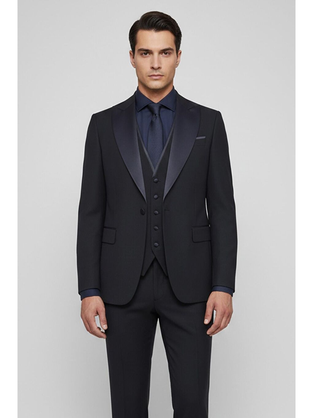 Giotelli Erkek Lacivert Dar Kesim Slim Fit Şal Yaka 6 Drop Yelekli Smokin Takım Elbise