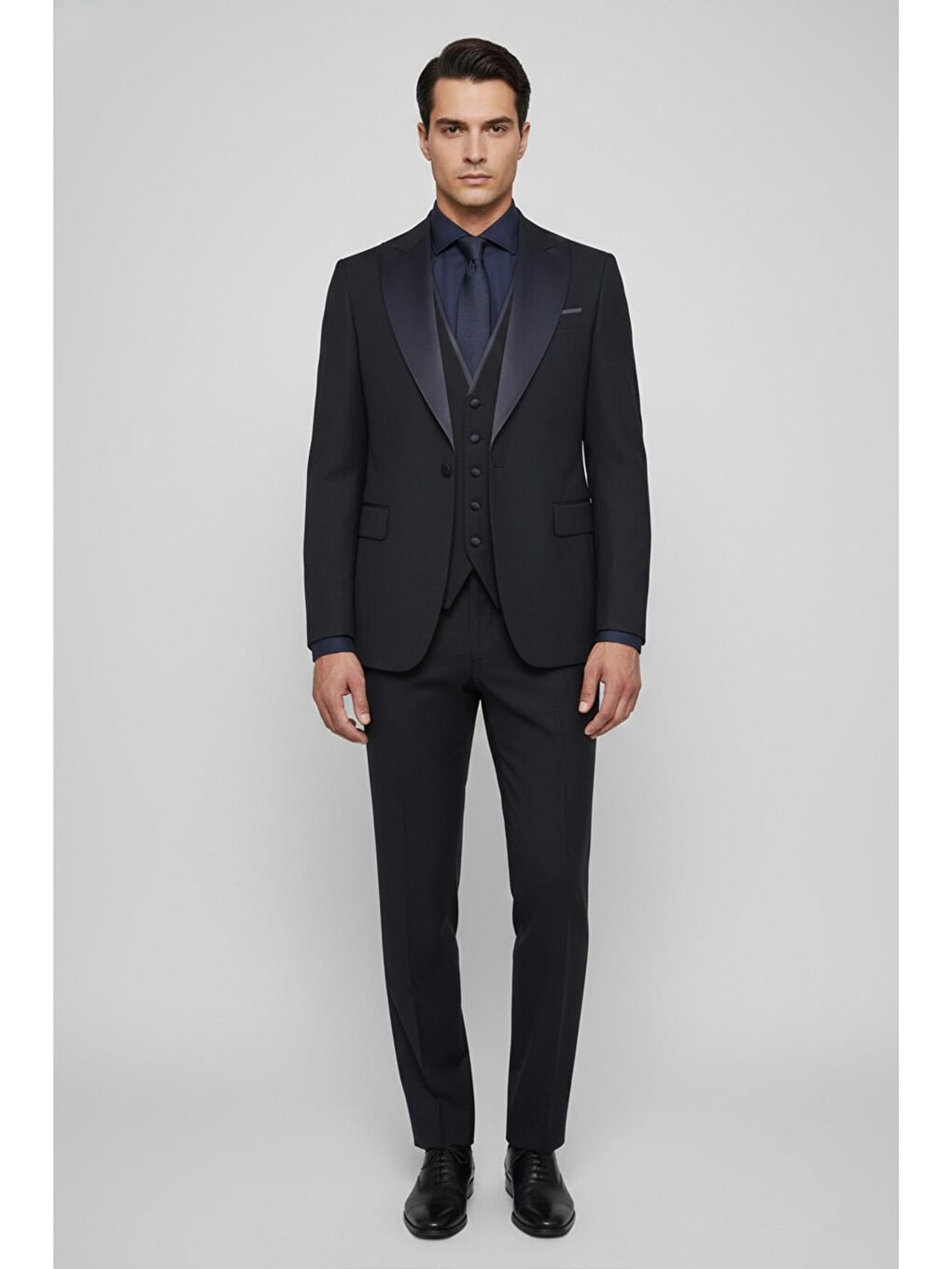 Giotelli Erkek Lacivert Dar Kesim Slim Fit Şal Yaka 6 Drop Yelekli Smokin Takım Elbise-1