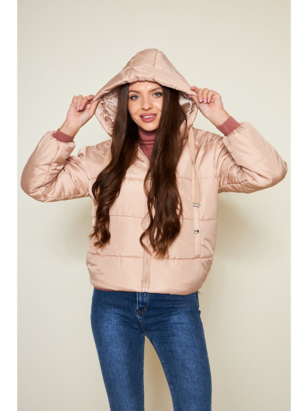 Pembe Kadın Kışlık Cepli Basic Kapüşonlu Pudra Şişme Mont