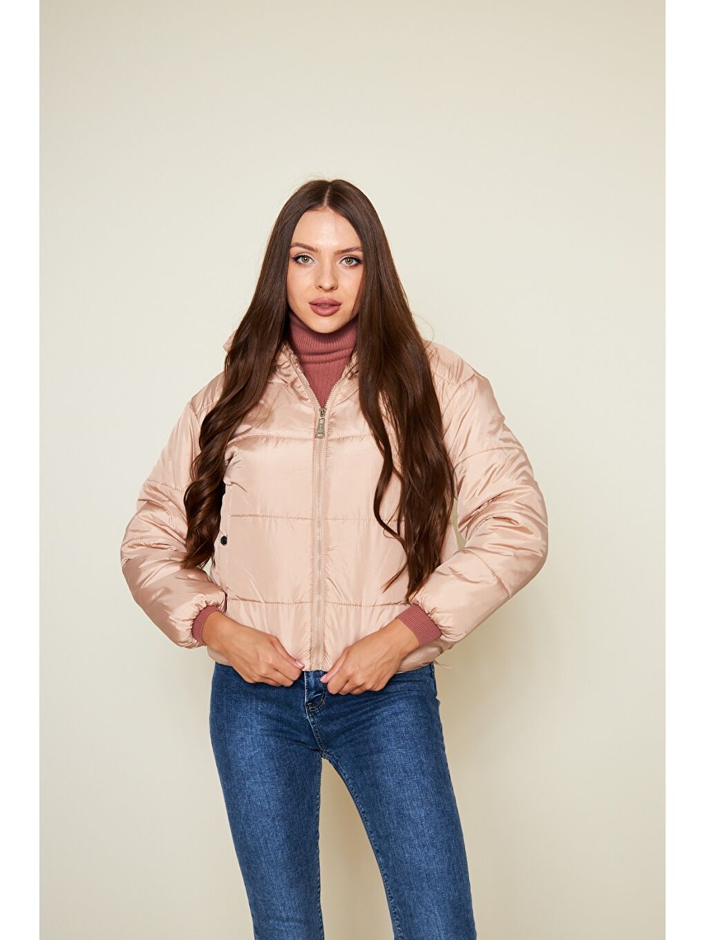 Pembe Kadın Kışlık Cepli Basic Kapüşonlu Pudra Şişme Mont-1