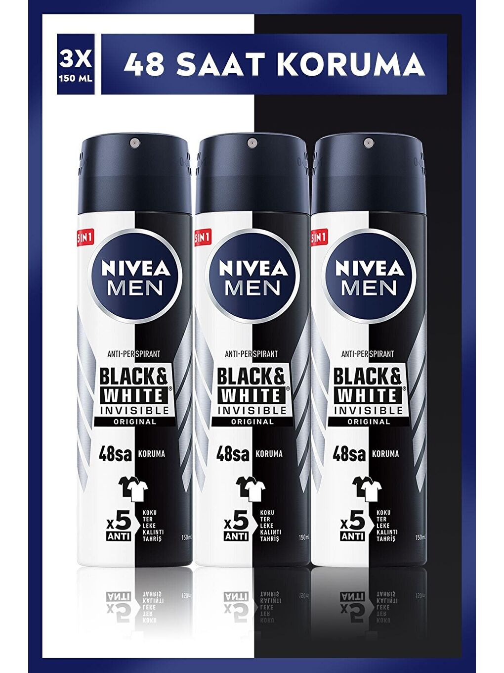 NIVEA Erkek Black&White Invisible Original Deodorant 150 ml x 3 Adet