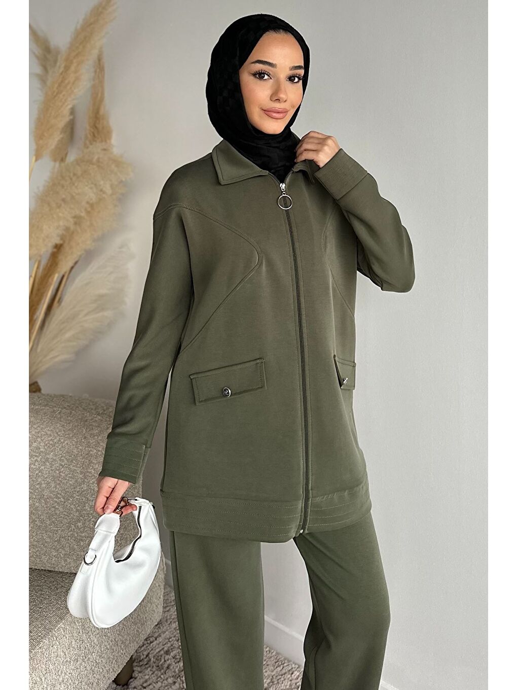 Haki Ön Fermuarlı Tunik Bel Lastikli Pantolon Tesettür İkili Takım-2