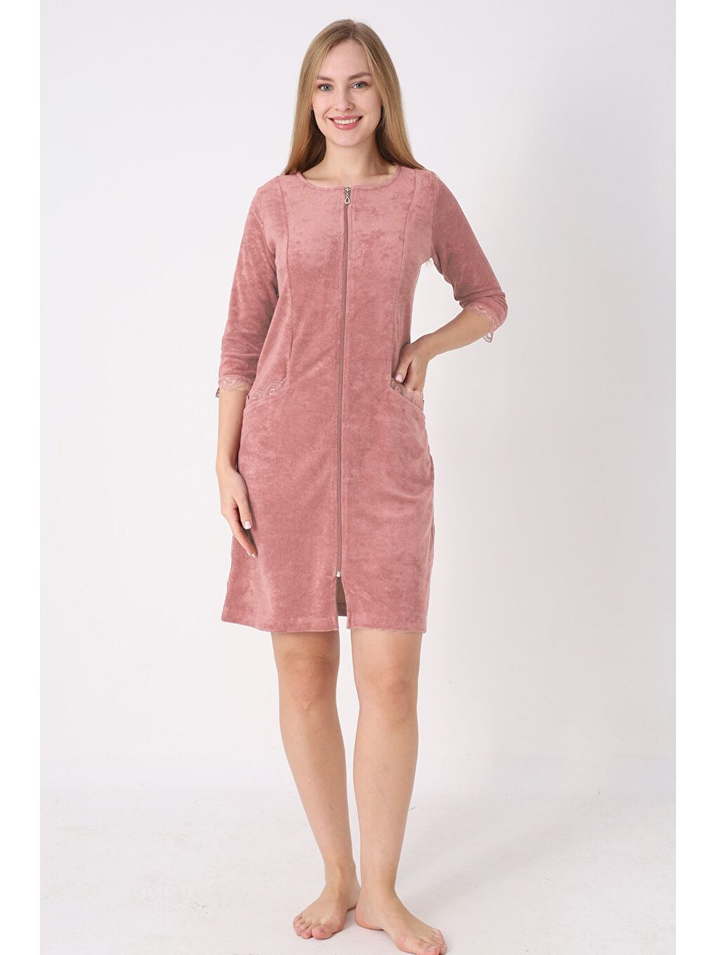 Kahverengi fermuarlı dantel detaylı pamuklu havlu elbise