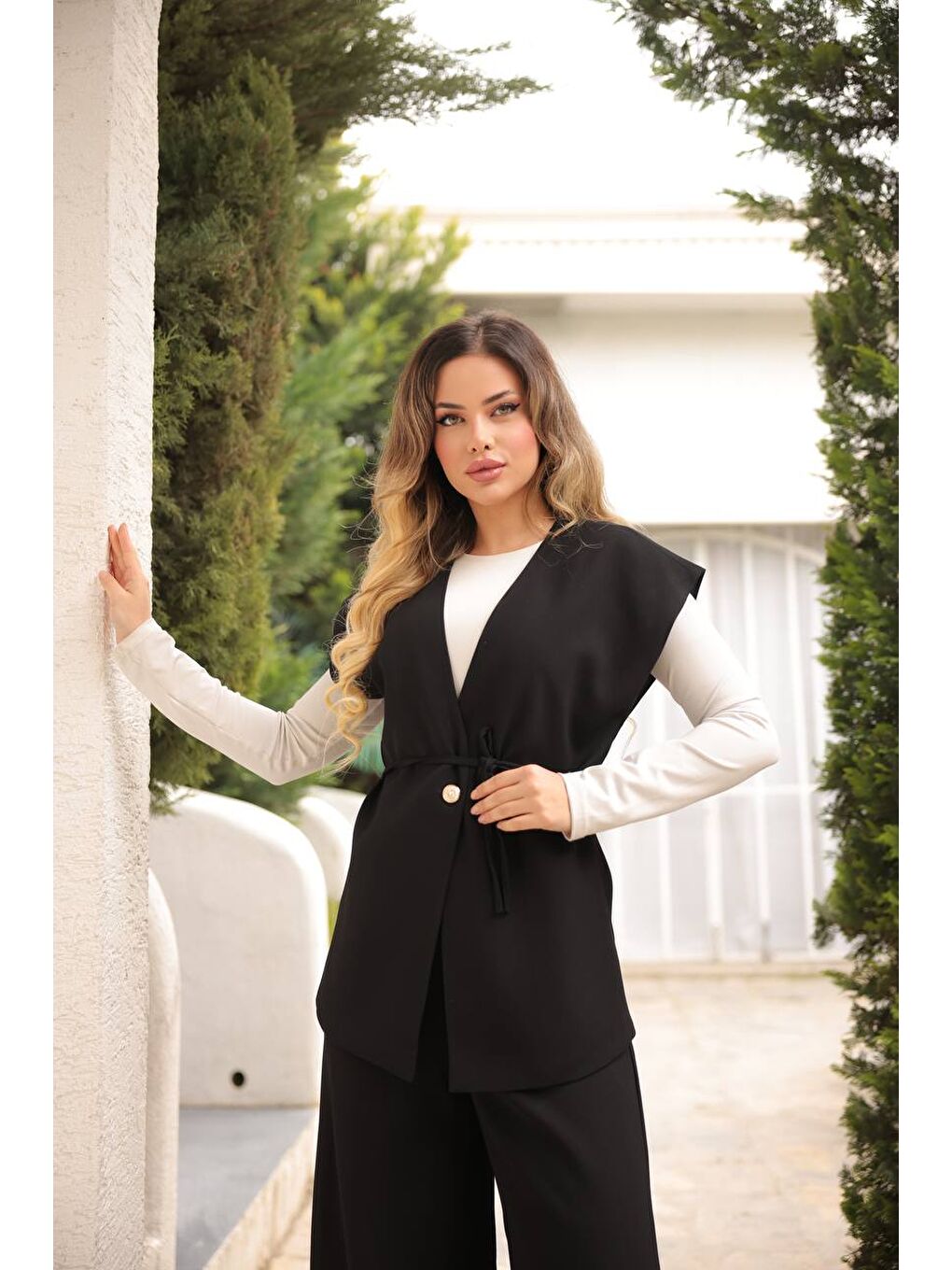 Siyah Kadın Uzun Yelek Bol Paça Palazzo Pantolon Yelekli Takım-1