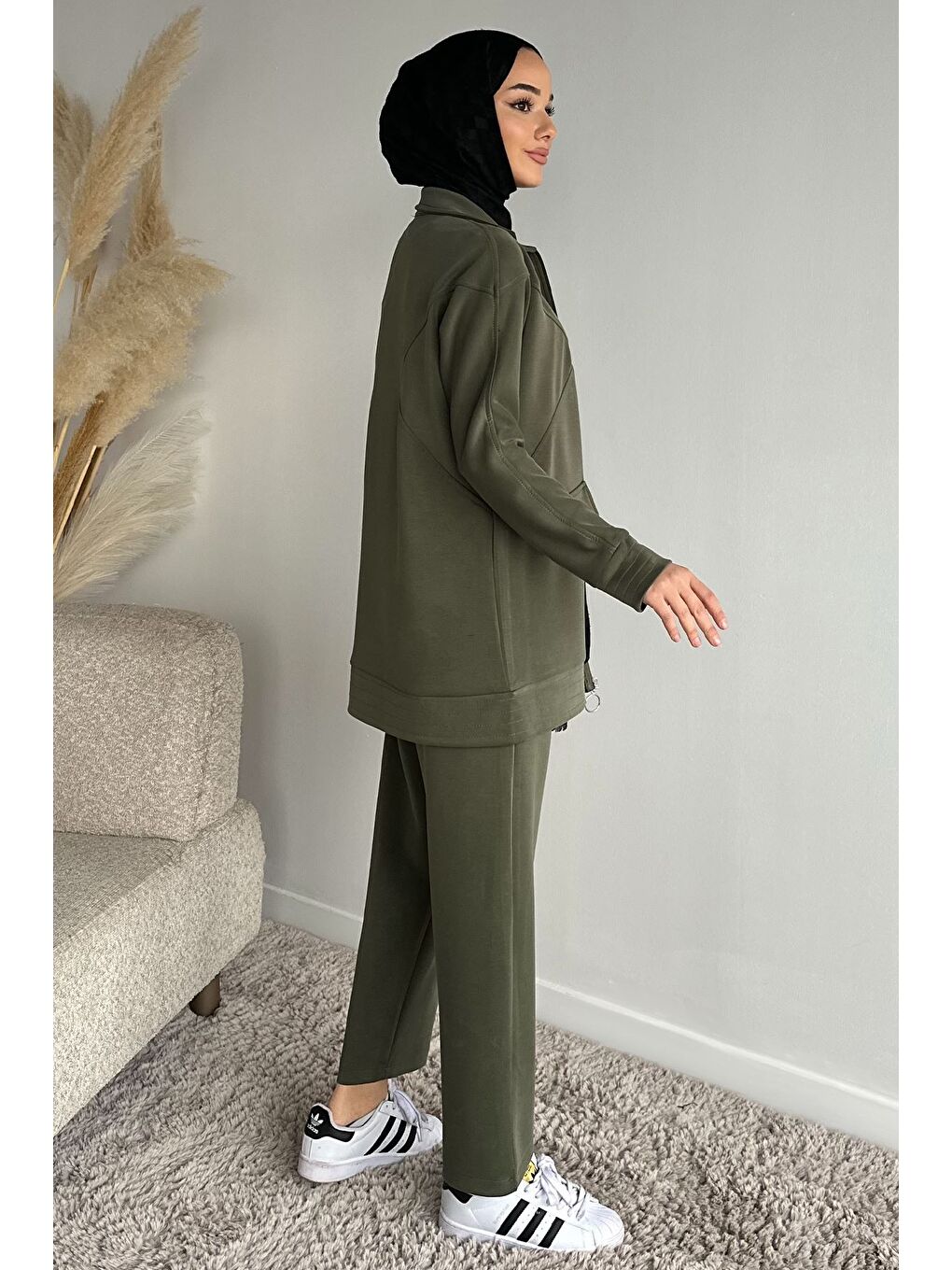 Haki Ön Fermuarlı Tunik Bel Lastikli Pantolon Tesettür İkili Takım-4