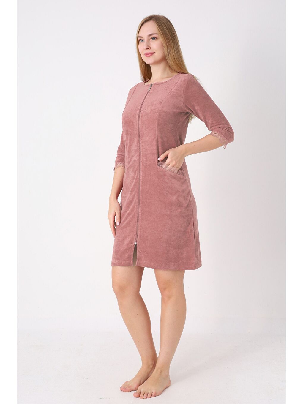 Kahverengi fermuarlı dantel detaylı pamuklu havlu elbise-1