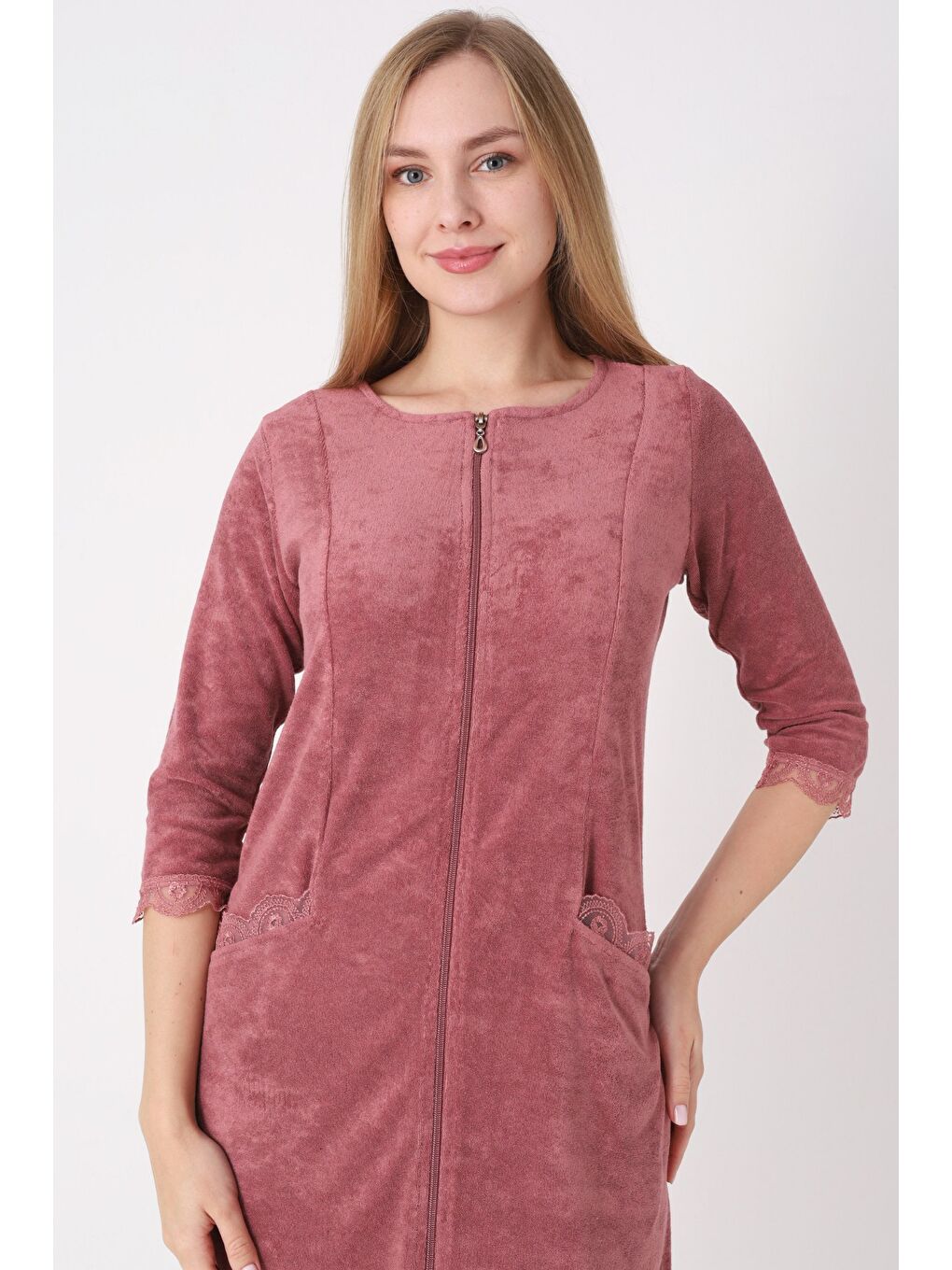 Kahverengi fermuarlı dantel detaylı pamuklu havlu elbise-2