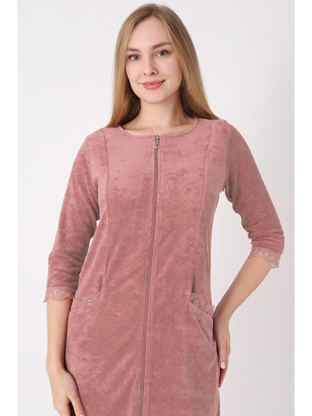 Kahverengi fermuarlı dantel detaylı pamuklu havlu elbise-2