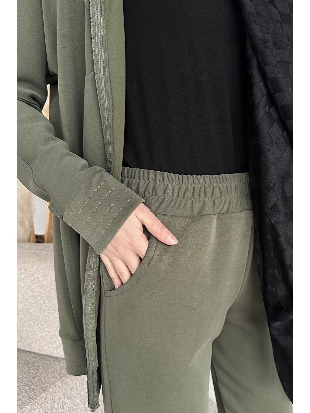 Haki Ön Fermuarlı Tunik Bel Lastikli Pantolon Tesettür İkili Takım-6