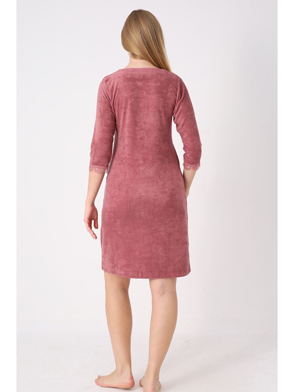 Kahverengi fermuarlı dantel detaylı pamuklu havlu elbise-3