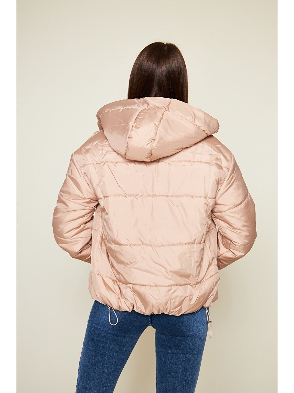 Pembe Kadın Kışlık Cepli Basic Kapüşonlu Pudra Şişme Mont-6
