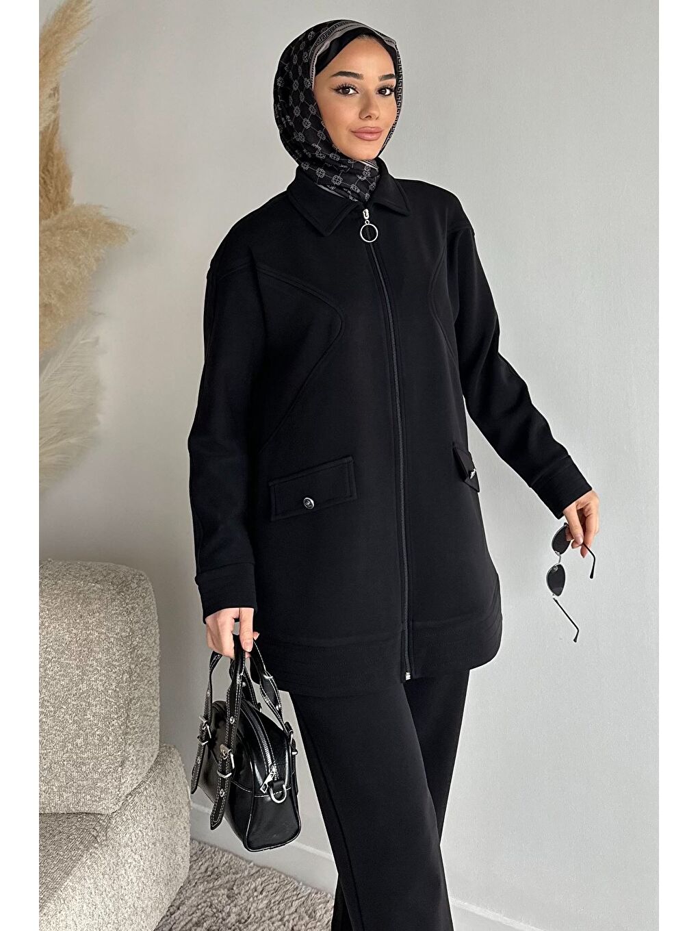 Siyah Ön Fermuarlı Tunik Bel Lastikli Pantolon Tesettür İkili Takım-2