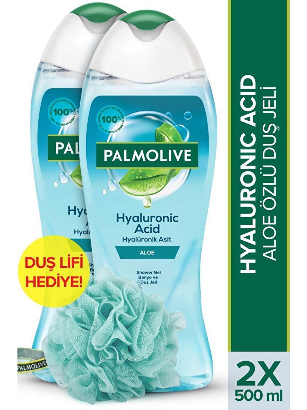 Palmolive Mavi Hyaluronic Acid Doğal Aloe Özlü Banyo ve Duş Jeli 500 ml x2 Adet + Duş Lifi Hediye