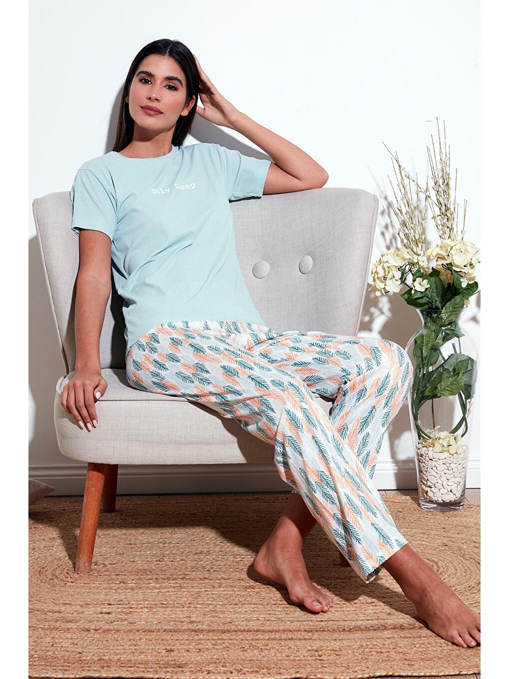 Lela Yeşil Regular Fit Bisiklet Yaka Kısa Kollu Pijama Takımı 65770105