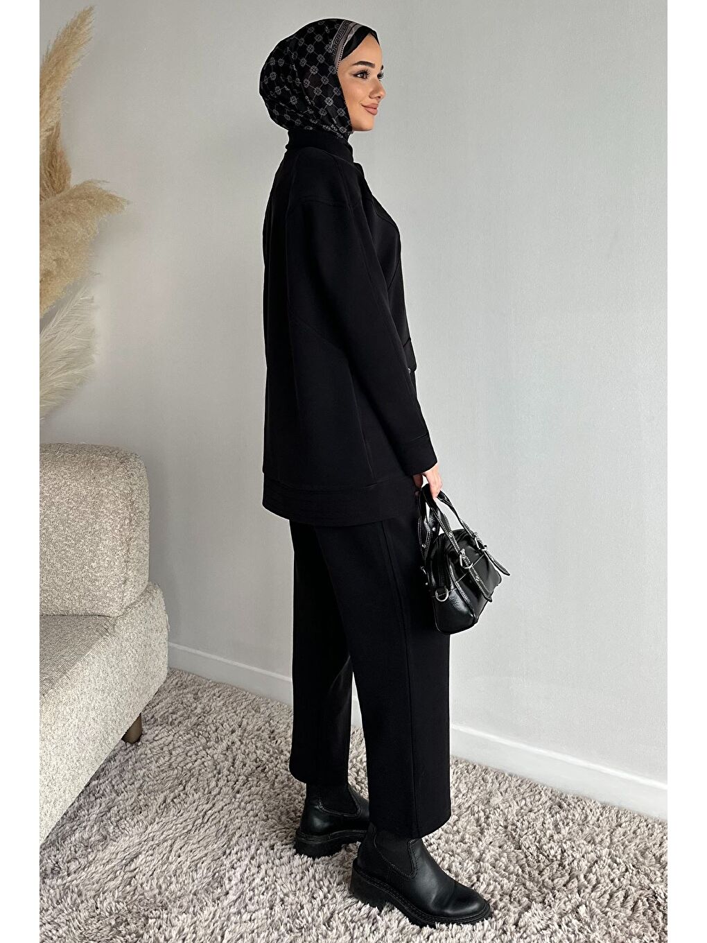 Siyah Ön Fermuarlı Tunik Bel Lastikli Pantolon Tesettür İkili Takım-5
