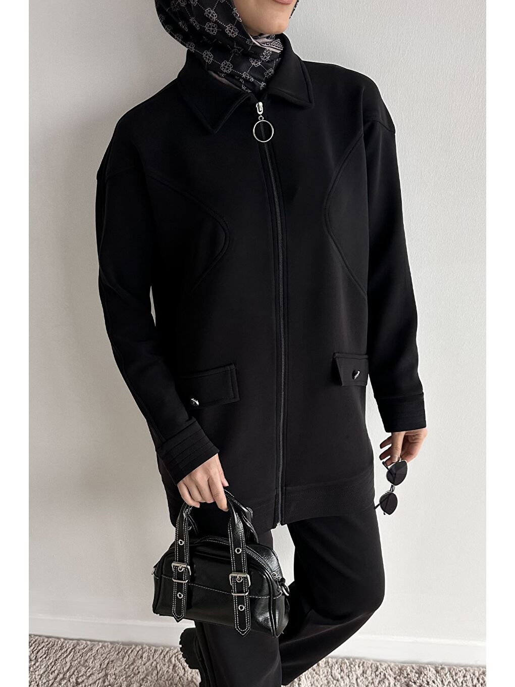 Siyah Ön Fermuarlı Tunik Bel Lastikli Pantolon Tesettür İkili Takım-6