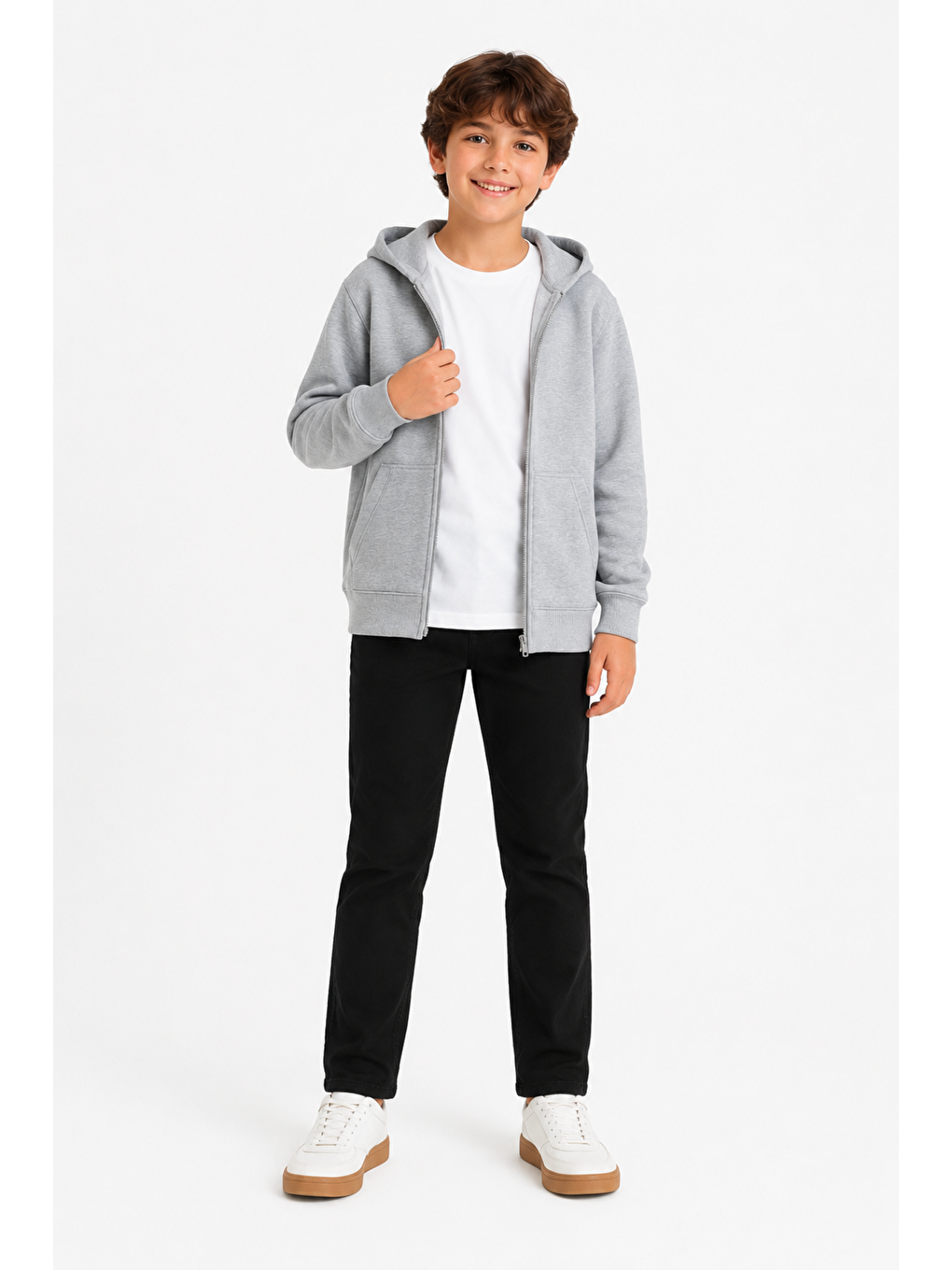 Gri Erkek Çocuk Basic Fermuarlı Kalın 3 İplik Kışlık Okul Sweat Ak274495-1