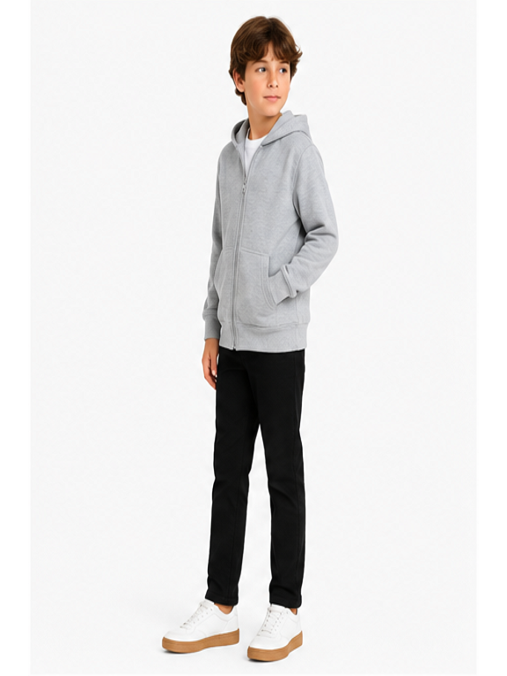 Gri Erkek Çocuk Basic Fermuarlı Kalın 3 İplik Kışlık Okul Sweat Ak274495-3