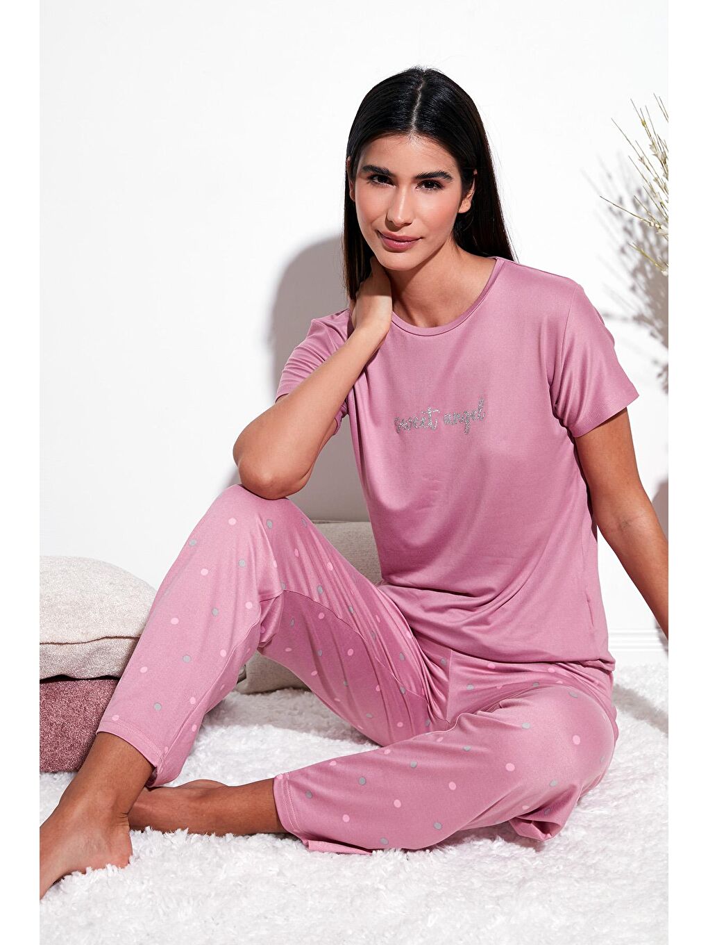 Lela Pudra Pembe Regular Fit Bisiklet Yaka Kısa Kollu Pijama Takımı 65750107