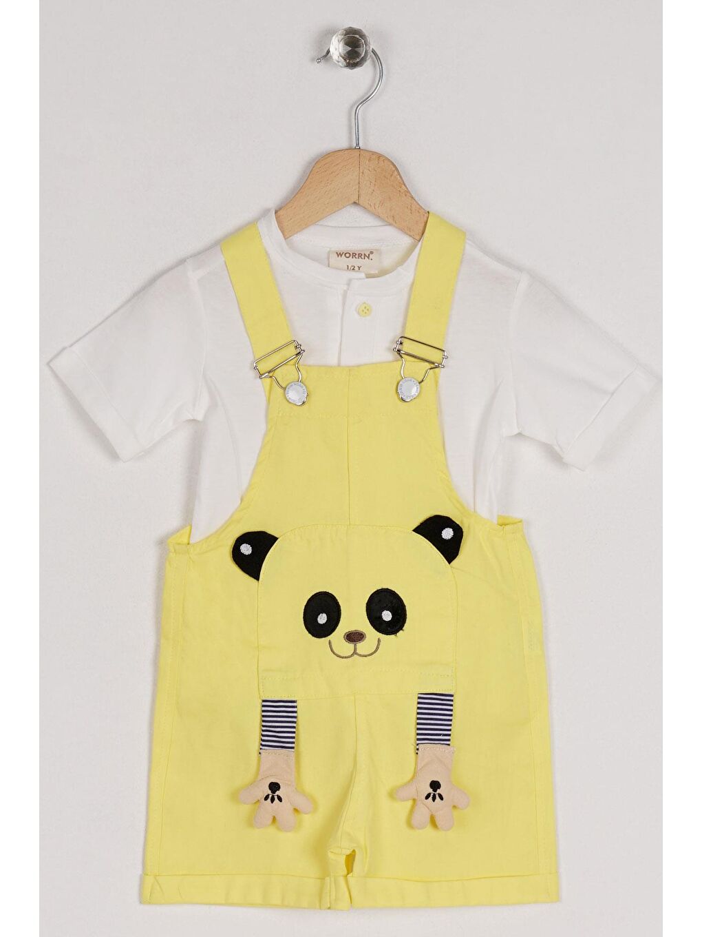 Bisiklet Yaka Kısa Kol Panda Figürlü İçi Tshirtlü Sarı Renk Erkek Çocuk Şortlu Salopet