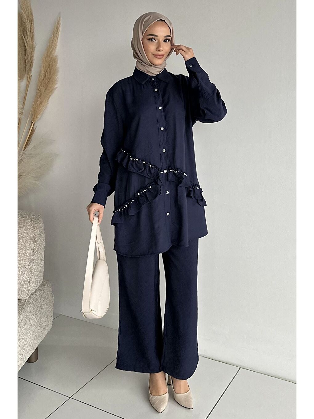 Lacivert Taş İşlemeli Tunik Pantolon Tesettür İkili Takım-2