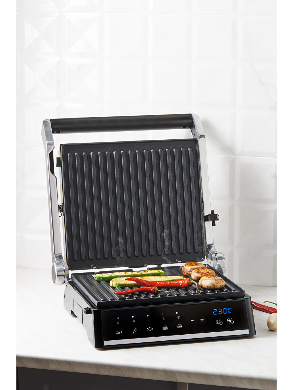 Grilliant 1341H Inox Gövdeli, Döküm Plakalı, 5 Programlı, Led Ekranlı Tost ve Izgara Makinesi-1
