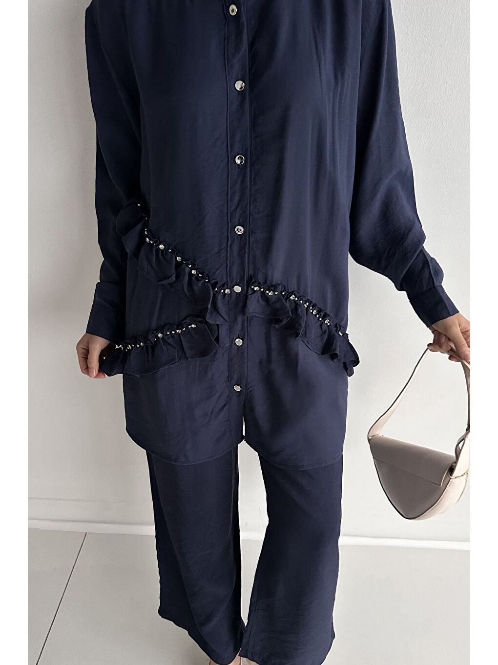 Lacivert Taş İşlemeli Tunik Pantolon Tesettür İkili Takım-5