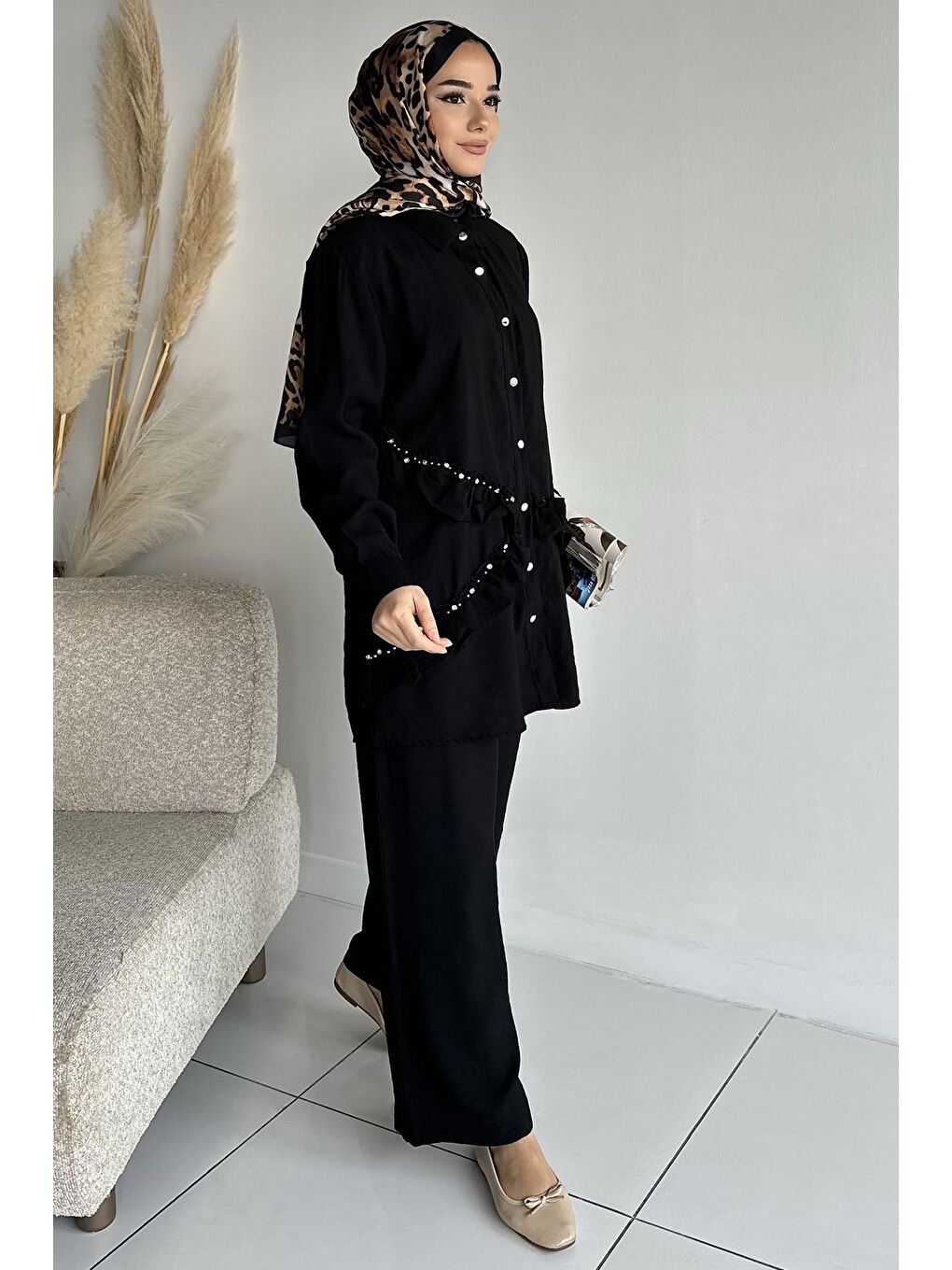 Siyah Taş İşlemeli Tunik Pantolon Tesettür İkili Takım-1