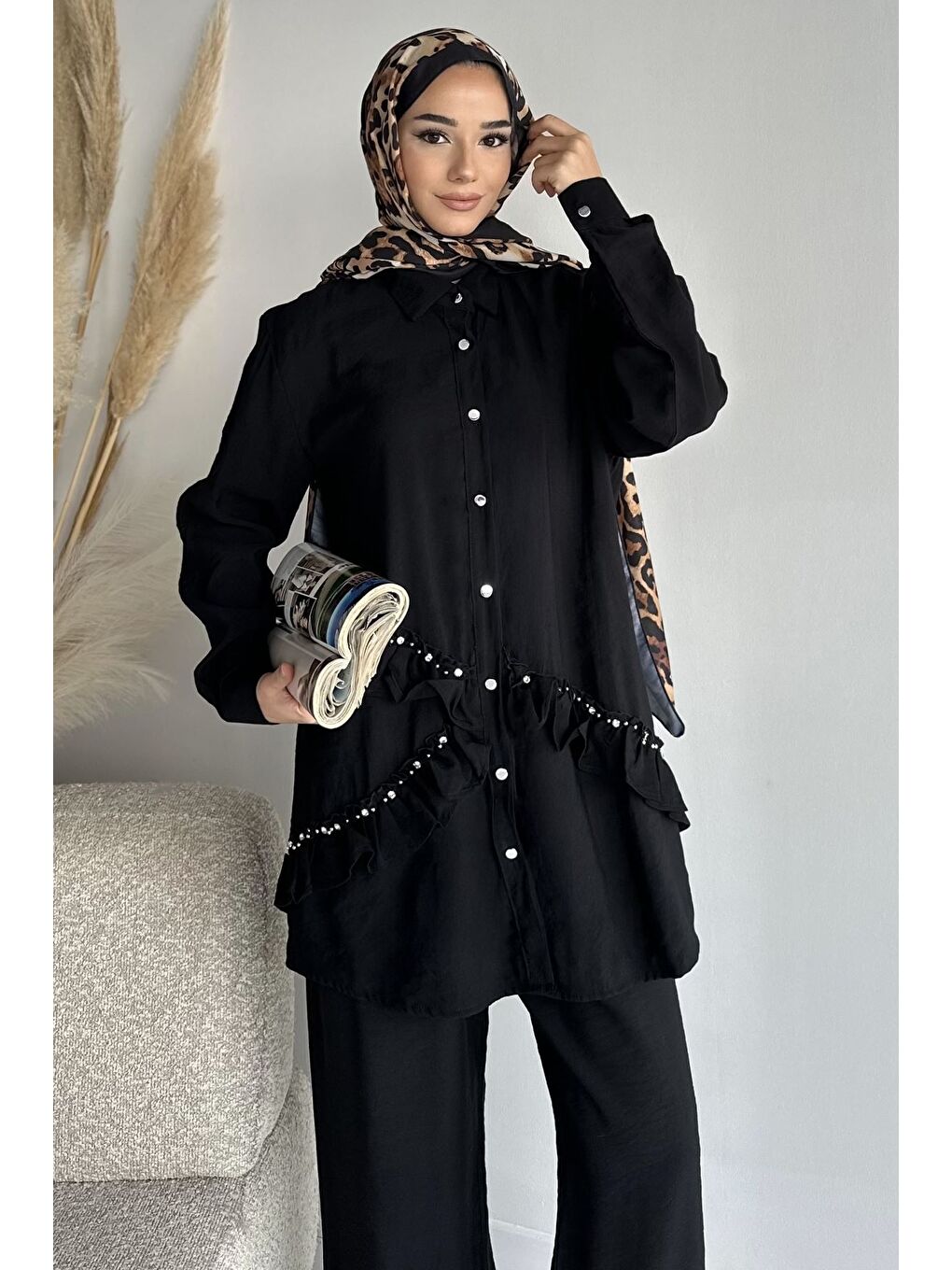 Siyah Taş İşlemeli Tunik Pantolon Tesettür İkili Takım-2