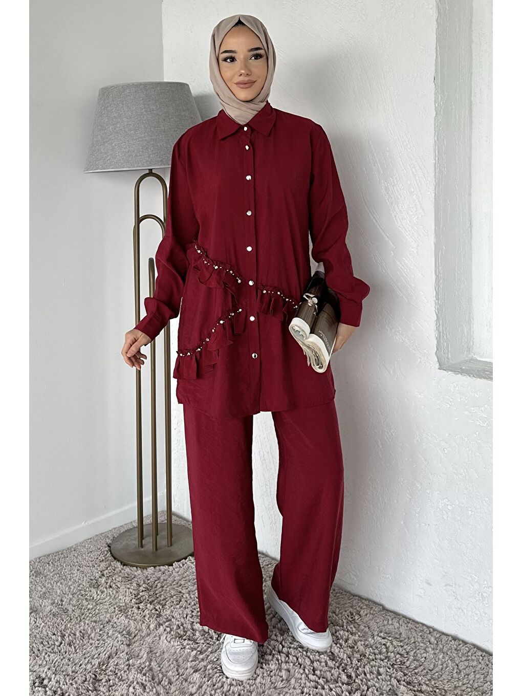 Bordo Taş İşlemeli Tunik Pantolon Tesettür İkili Takım-3