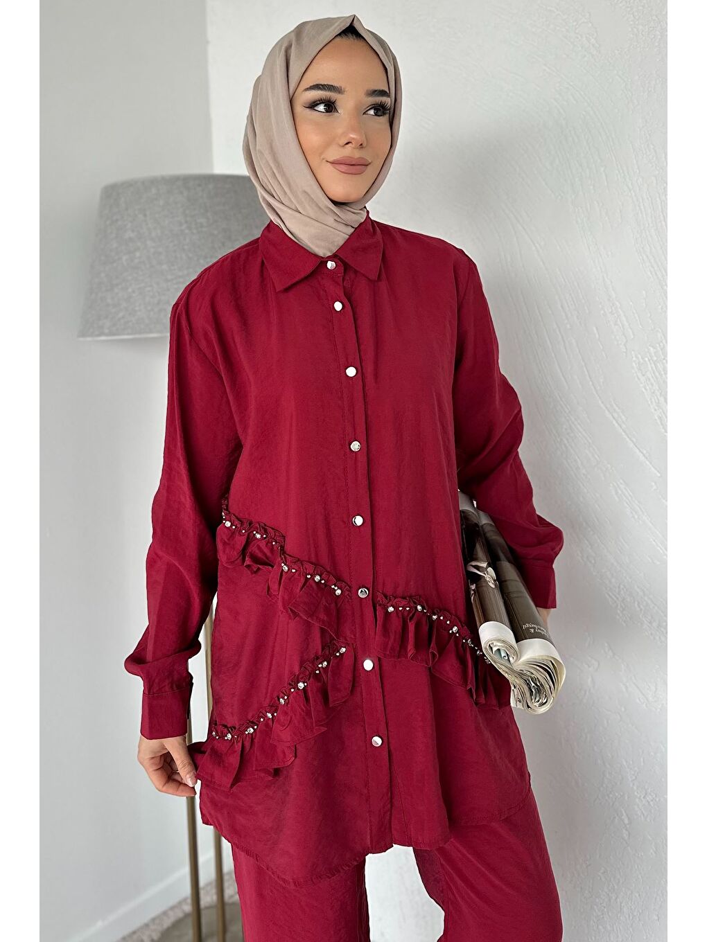 Bordo Taş İşlemeli Tunik Pantolon Tesettür İkili Takım-4