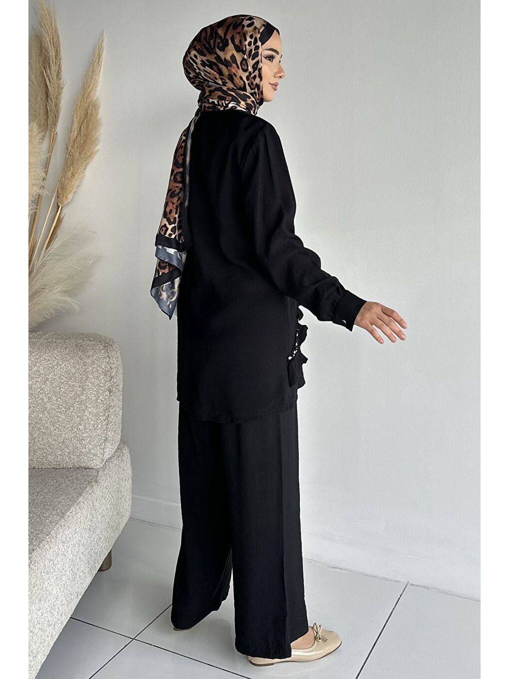 Siyah Taş İşlemeli Tunik Pantolon Tesettür İkili Takım-4