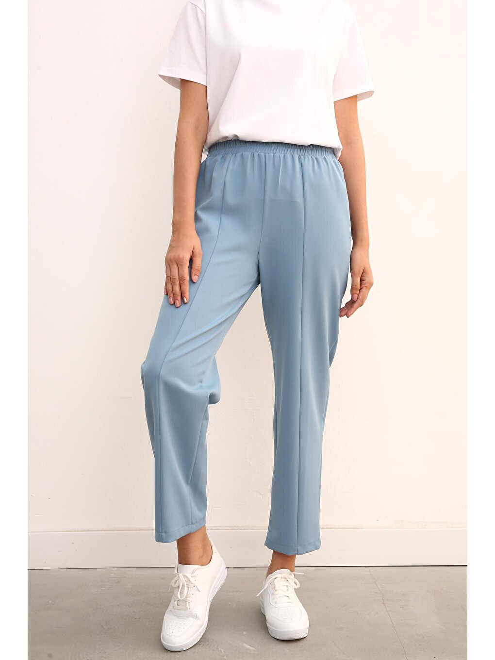 Mavi Beli Lastikli Bol Paça Pantolon-1