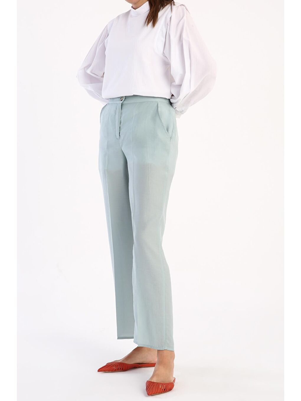 Yeşil Mint Ütü İzli Boru Paça Pantolon-1