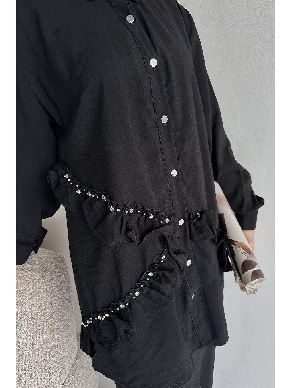 Siyah Taş İşlemeli Tunik Pantolon Tesettür İkili Takım-6