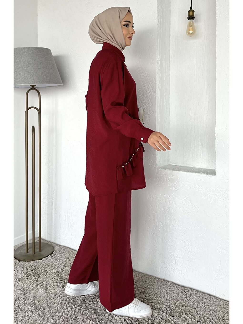 Bordo Taş İşlemeli Tunik Pantolon Tesettür İkili Takım-7