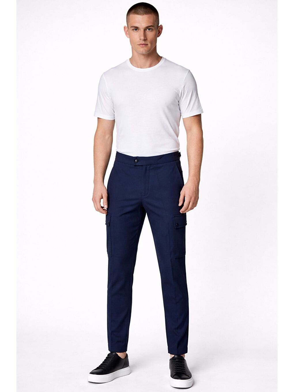 Giotelli Erkek Lacivert Dar Kesim Slim Fit Yünlü Dokuma Kargo Cep Normal Bel 6 Drop Pantolon-1