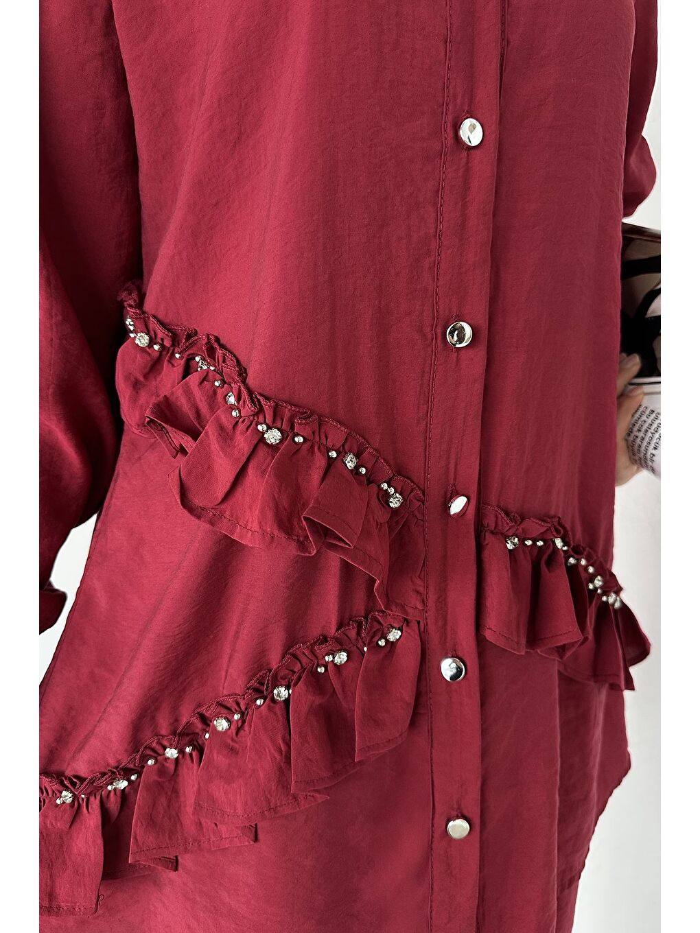 Bordo Taş İşlemeli Tunik Pantolon Tesettür İkili Takım-8