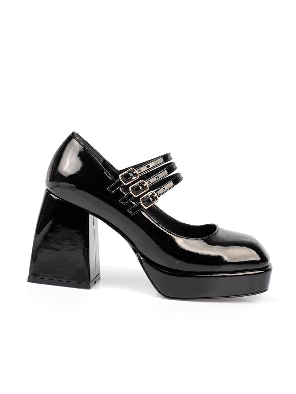 Siyah Küt Burunlu Bantlı Rugan Platform Ayakkabı-1